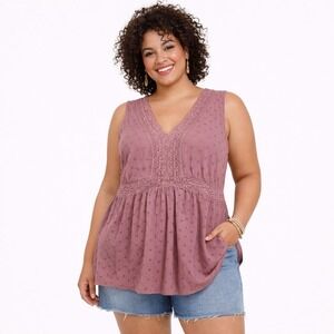 TORRID Size 1X Rose Taupe Mixed Eyelet Sleeveless Sisterhood Babydoll Boho Top